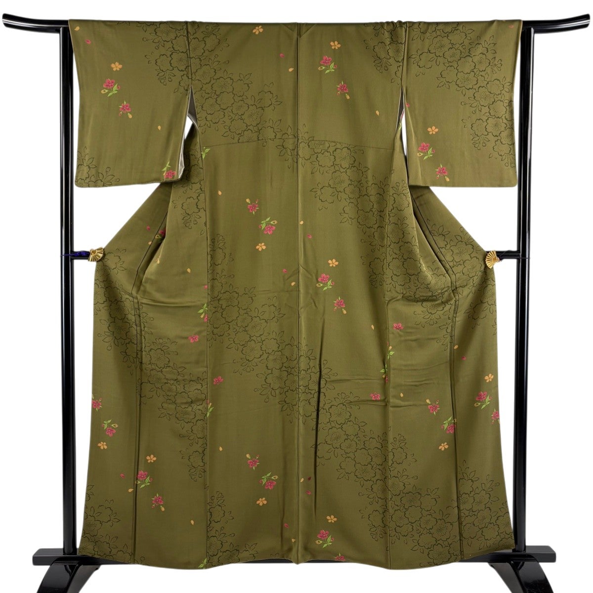 美品】 小紋 身丈160cm 裄丈65.5cm M 袷 草花 蝶 縮緬 茶緑色 正絹