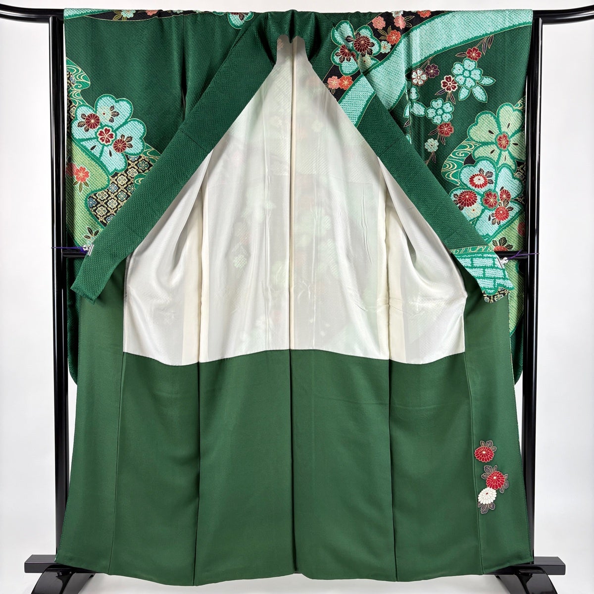 振袖 身丈160.5cm 裄丈65.5cm M 袷 菊 流水 刺繍 絞り 深緑 正絹 秀品