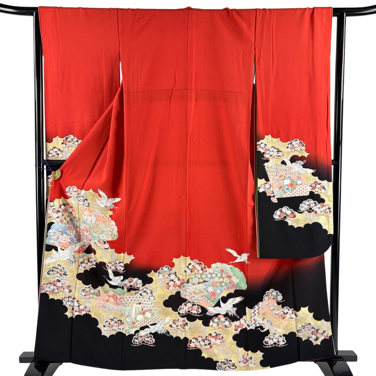 振袖 身丈162cm 裄丈63.5cm S 袷 鶴 松竹梅 金銀彩 ぼかし 朱色 正絹