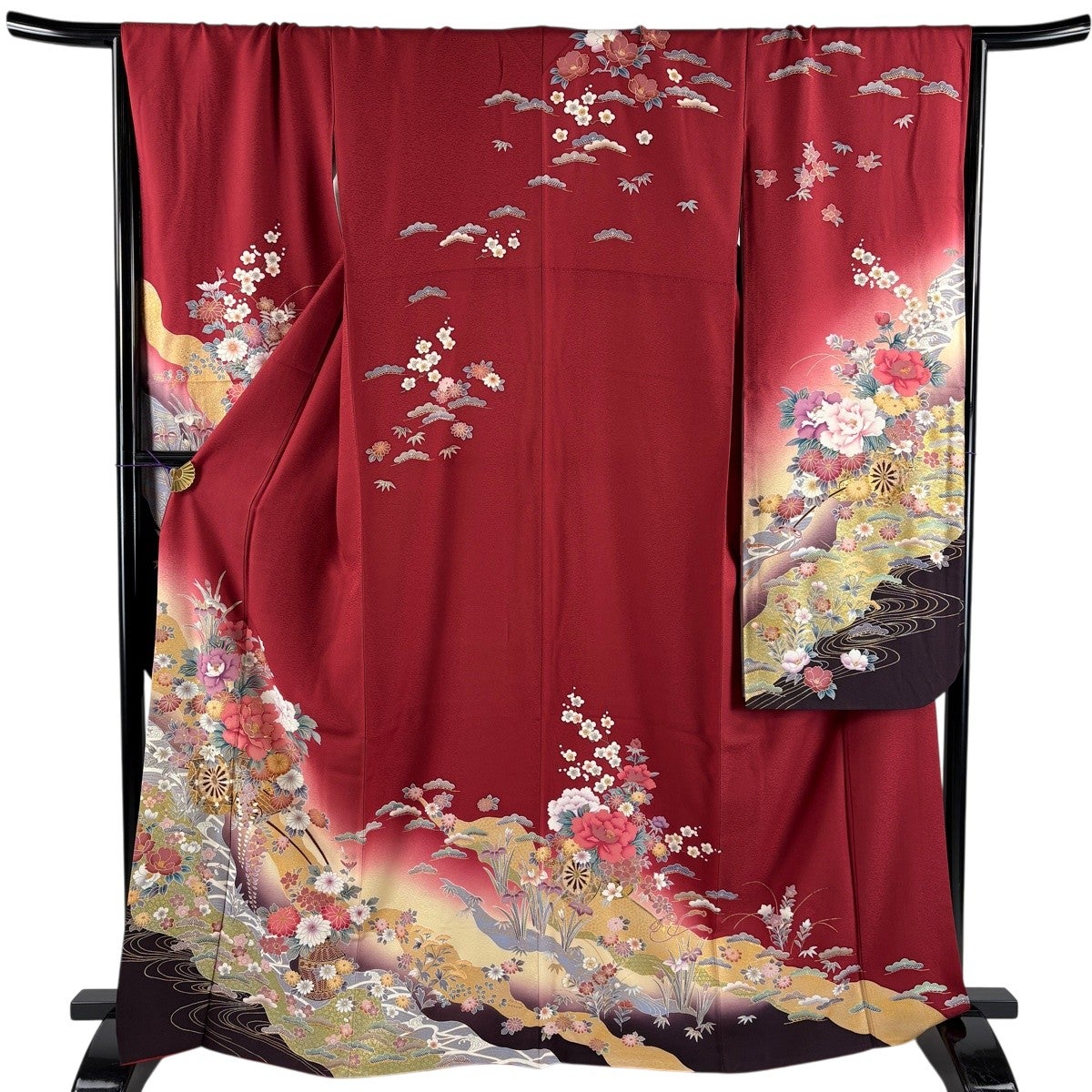 振袖 身丈165.5cm 裄丈68cm L 袷 鈴乃屋 花車 松竹梅 金糸 金彩 赤
