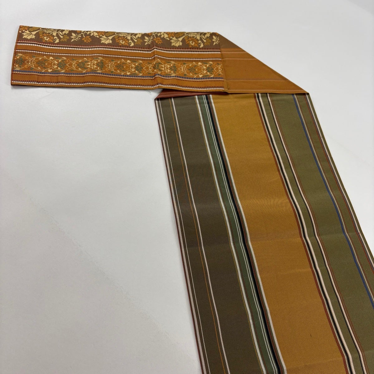 名古屋帯 秀品 八寸名古屋帯 松葉仕立て 関西仕立て 縞 草花 山吹茶色