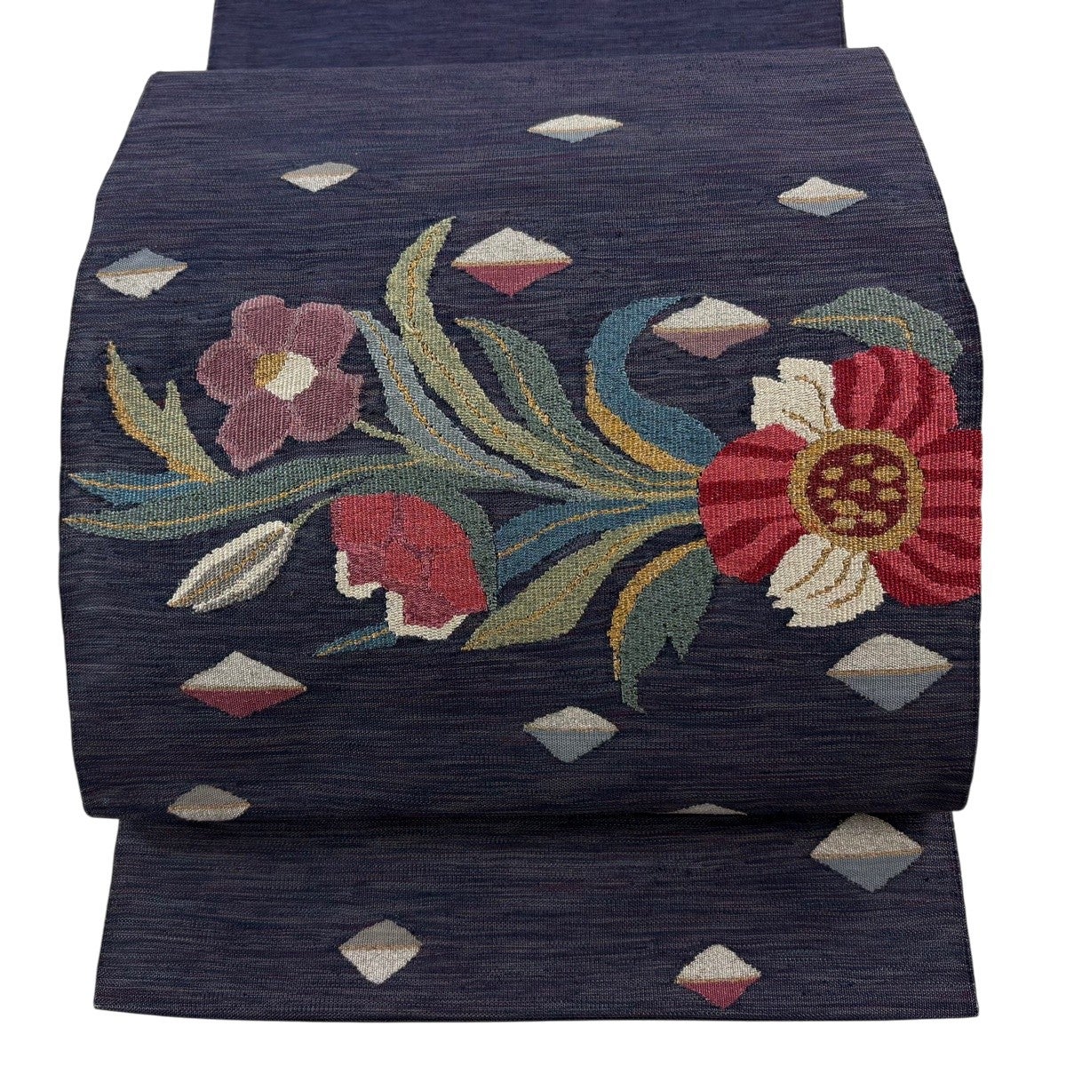 名古屋帯 秀品 八寸名古屋帯 松葉仕立て 草花 金銀糸 青紫 正絹｜中古