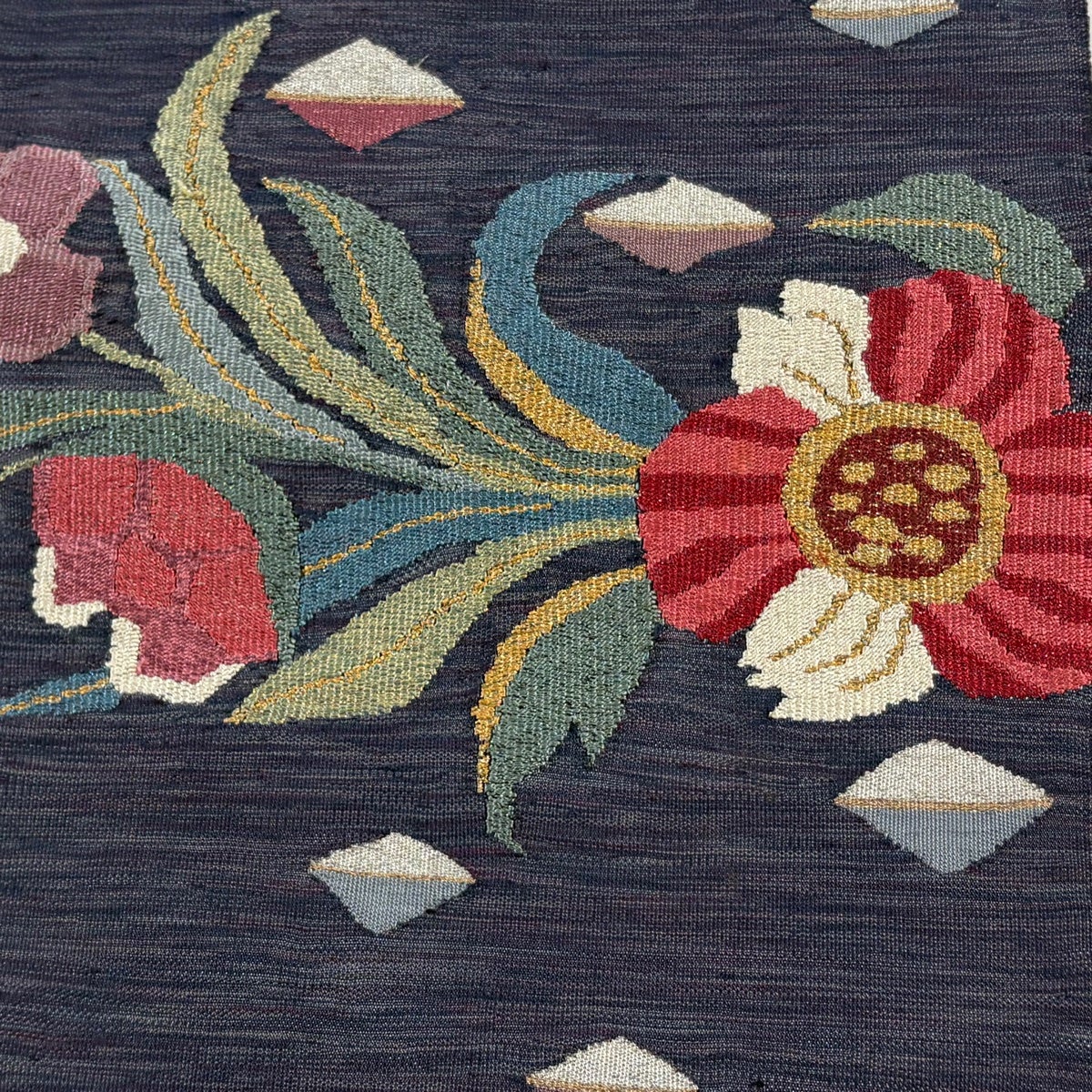 名古屋帯 秀品 八寸名古屋帯 松葉仕立て 草花 金銀糸 青紫 正絹｜中古