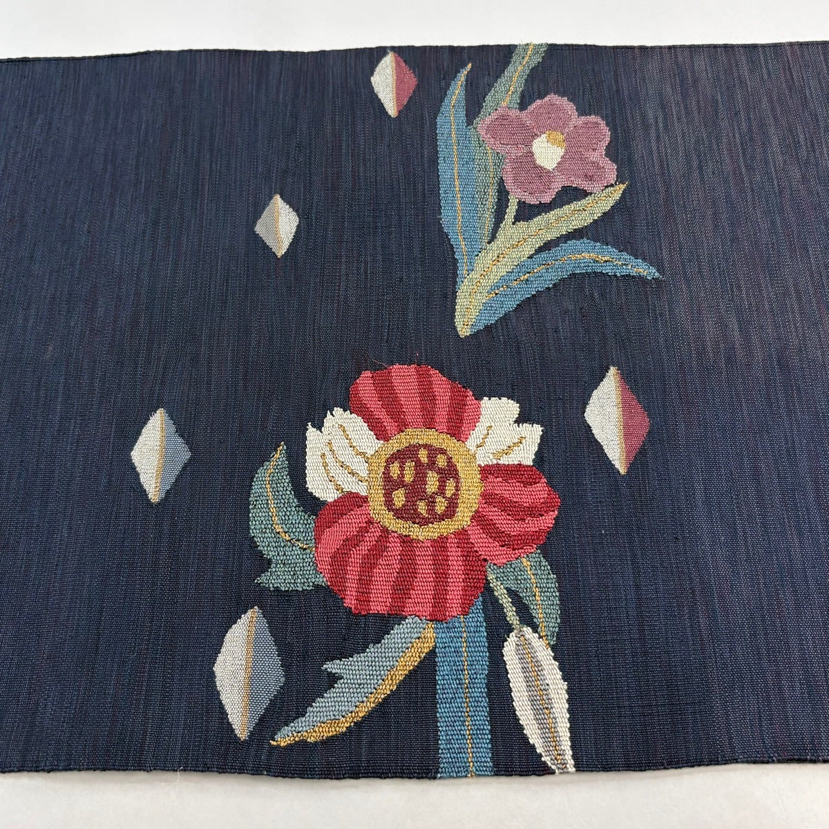 名古屋帯 秀品 八寸名古屋帯 松葉仕立て 草花 金銀糸 青紫 正絹｜中古
