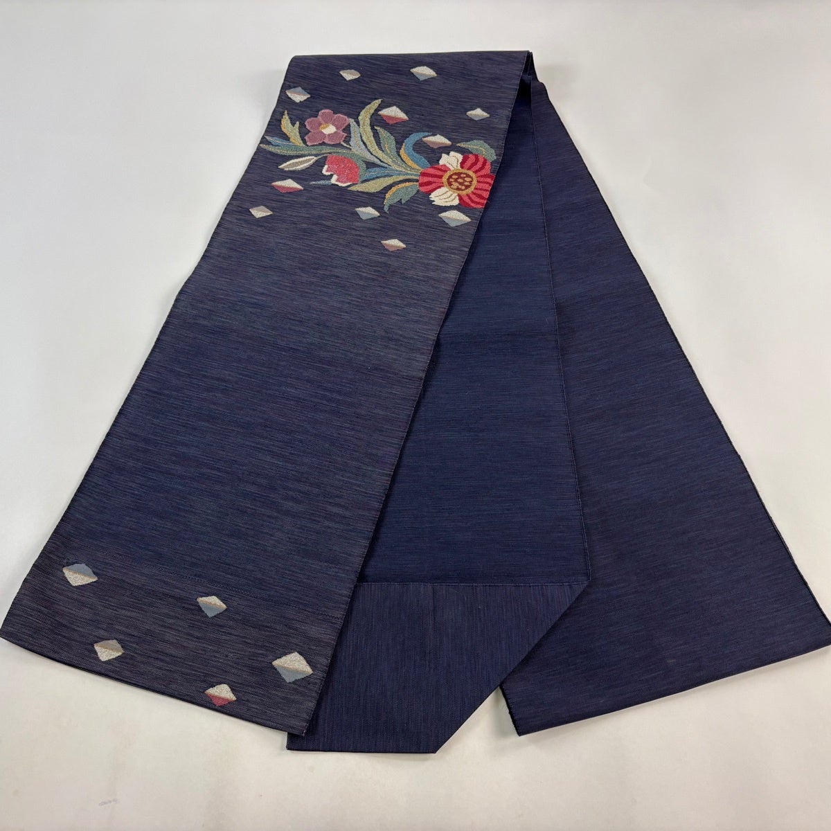 名古屋帯 秀品 八寸名古屋帯 松葉仕立て 草花 金銀糸 青紫 正絹｜中古