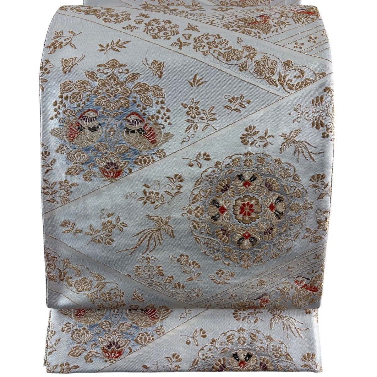美品】 袋帯 秀品 華文 花鳥 金糸 灰白 六通 正絹 【】 【メーカー直営
