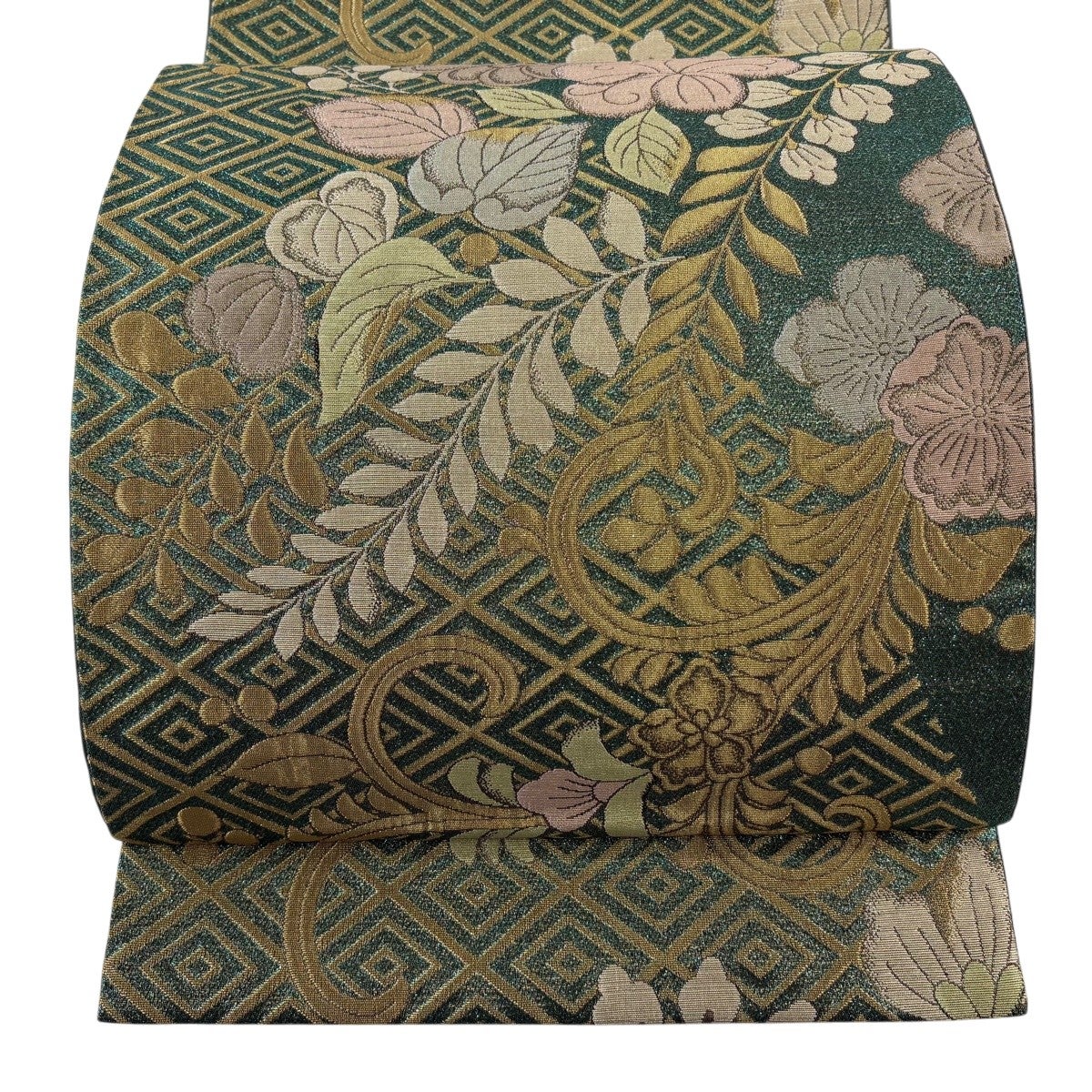 美品】 袋帯 秀品 夏帯 花唐草 菱 箔 山吹茶色 六通 正絹｜中古・古着
