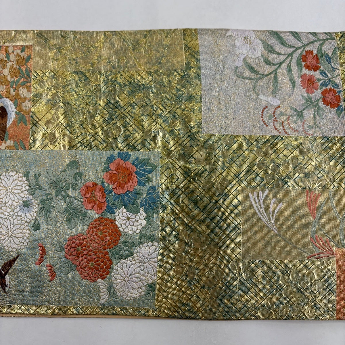 美品 袋帯 秀品 色紙 花鳥 金糸 箔 金色 六通 正絹｜中古・古着