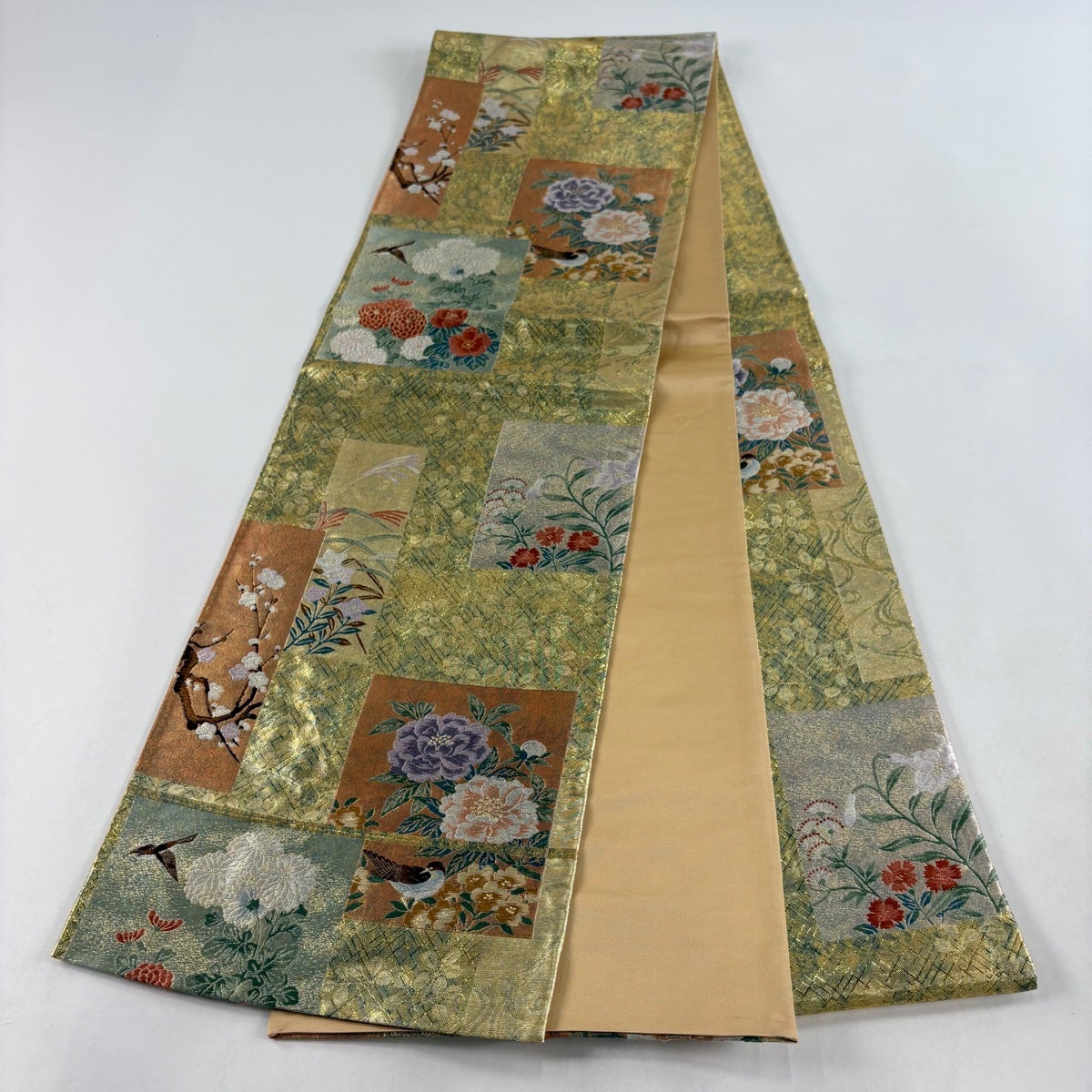◇606my50◇夏帯 紗 立涌 花色紙 金糸 袋帯◇美品 美品 袋帯 秀品 色紙 花鳥 金糸 箔 金色 六通 正絹｜中古・古着