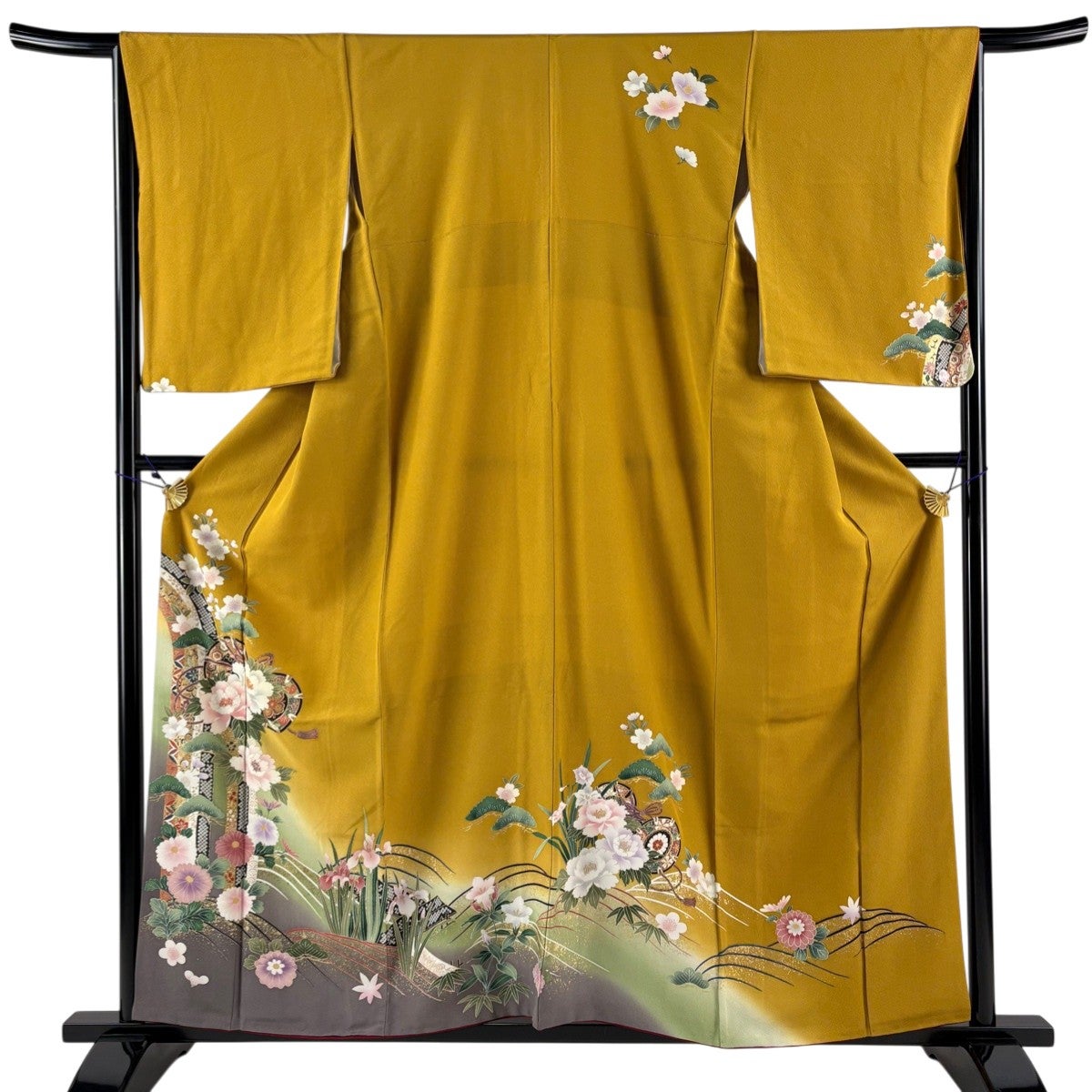 訪問着 身丈156cm 裄丈64cm M 袷 鳥 枝花 金彩 ぼかし 青緑 正絹 秀品