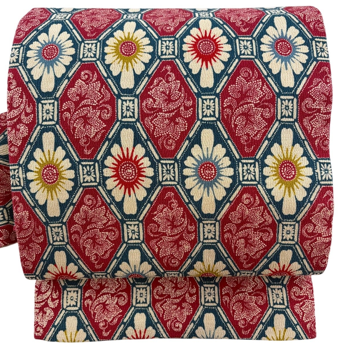 名古屋帯 秀品 花菱 花唐草 縮緬 青緑 正絹｜中古・古着・リサイクル