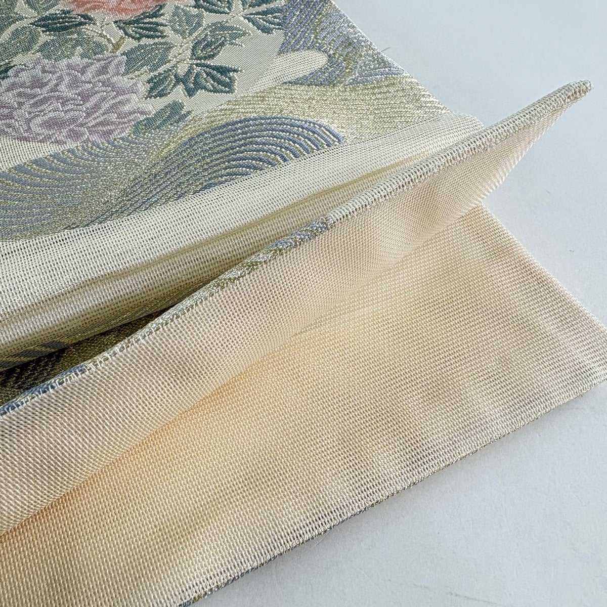 30%OFF 【美品】袋帯 秀品 夏帯 紗 団扇 流水 金銀糸 クリーム 六通