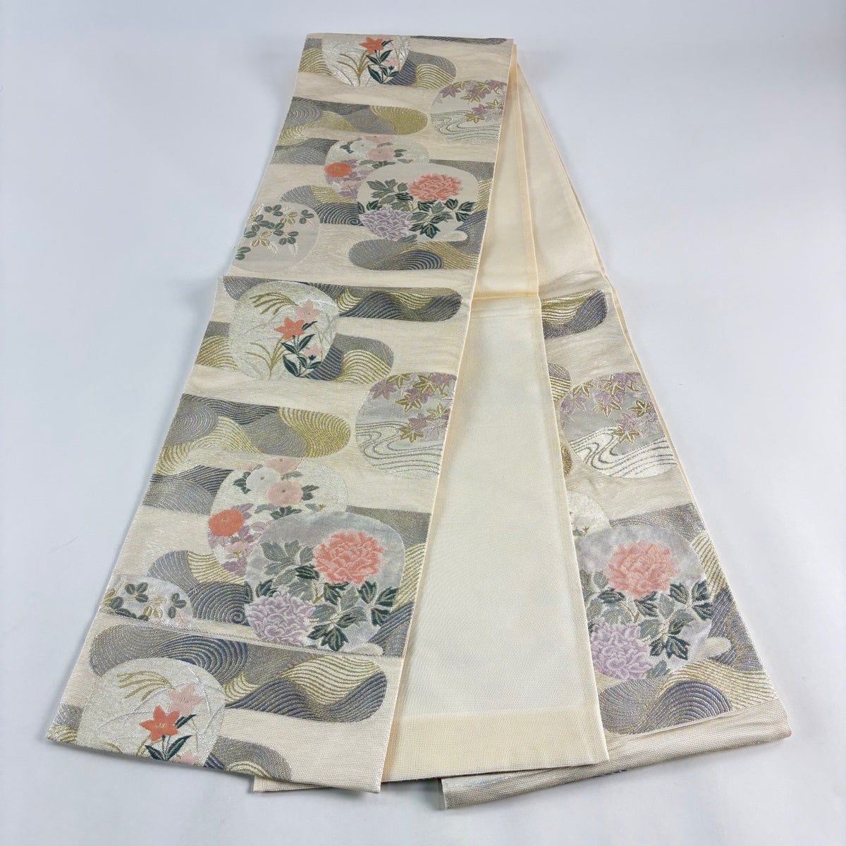 30%OFF 【美品】袋帯 秀品 夏帯 紗 団扇 流水 金銀糸 クリーム 六通