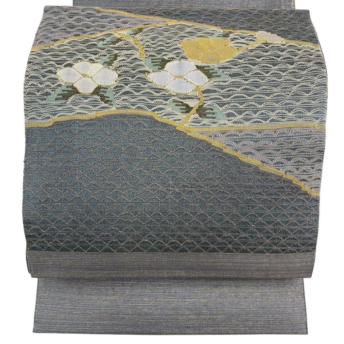 名古屋帯 秀品 松葉仕立て 八寸名古屋帯 草花 金糸 青灰色 正絹｜中古