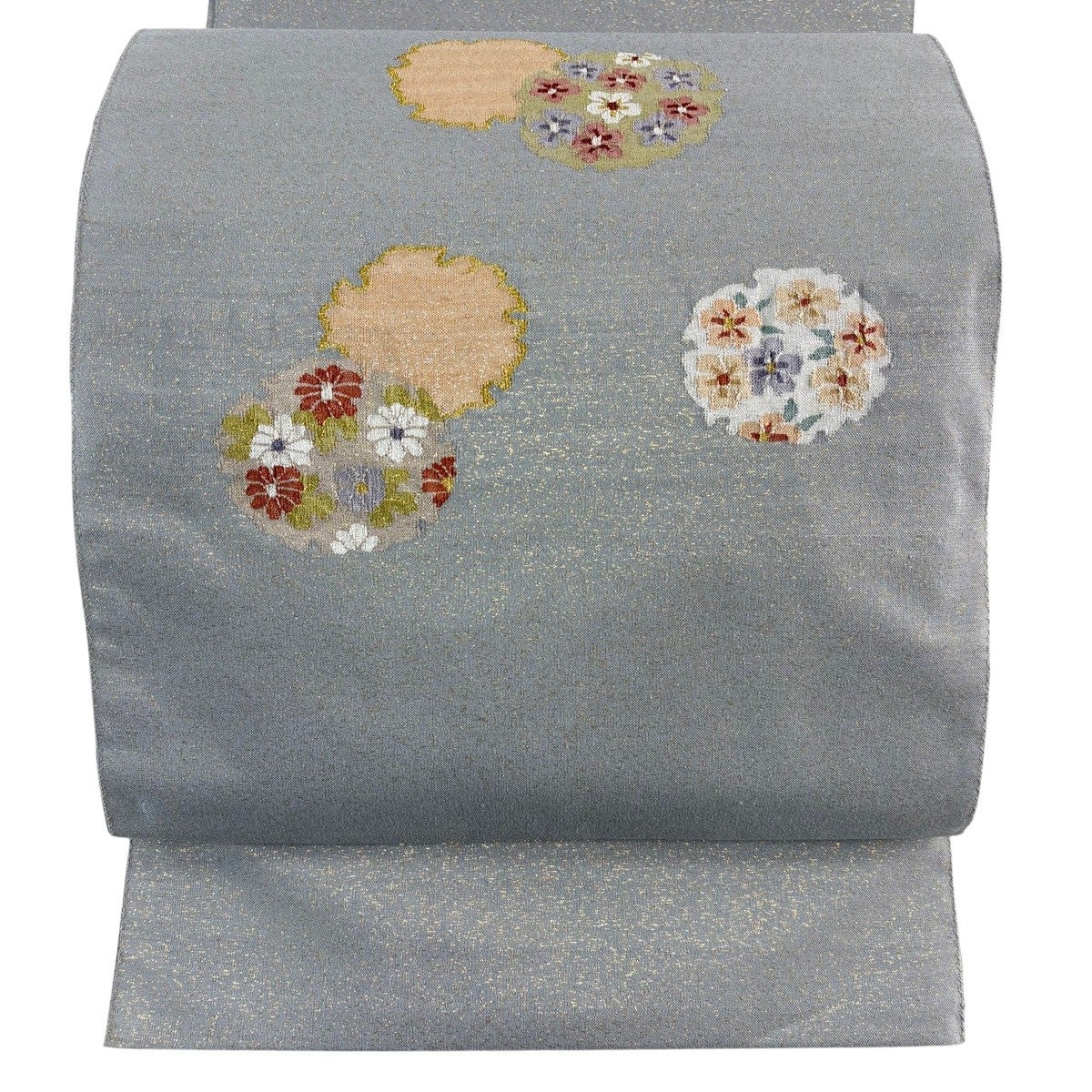 美品】 名古屋帯 秀品 八寸名古屋帯 雪輪 草花 金通し 金銀糸 灰色