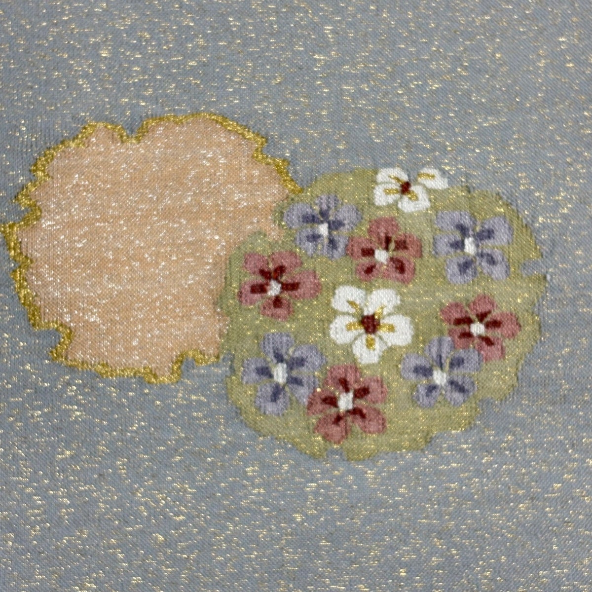 美品】 名古屋帯 秀品 八寸名古屋帯 雪輪 草花 金通し 金銀糸 灰色