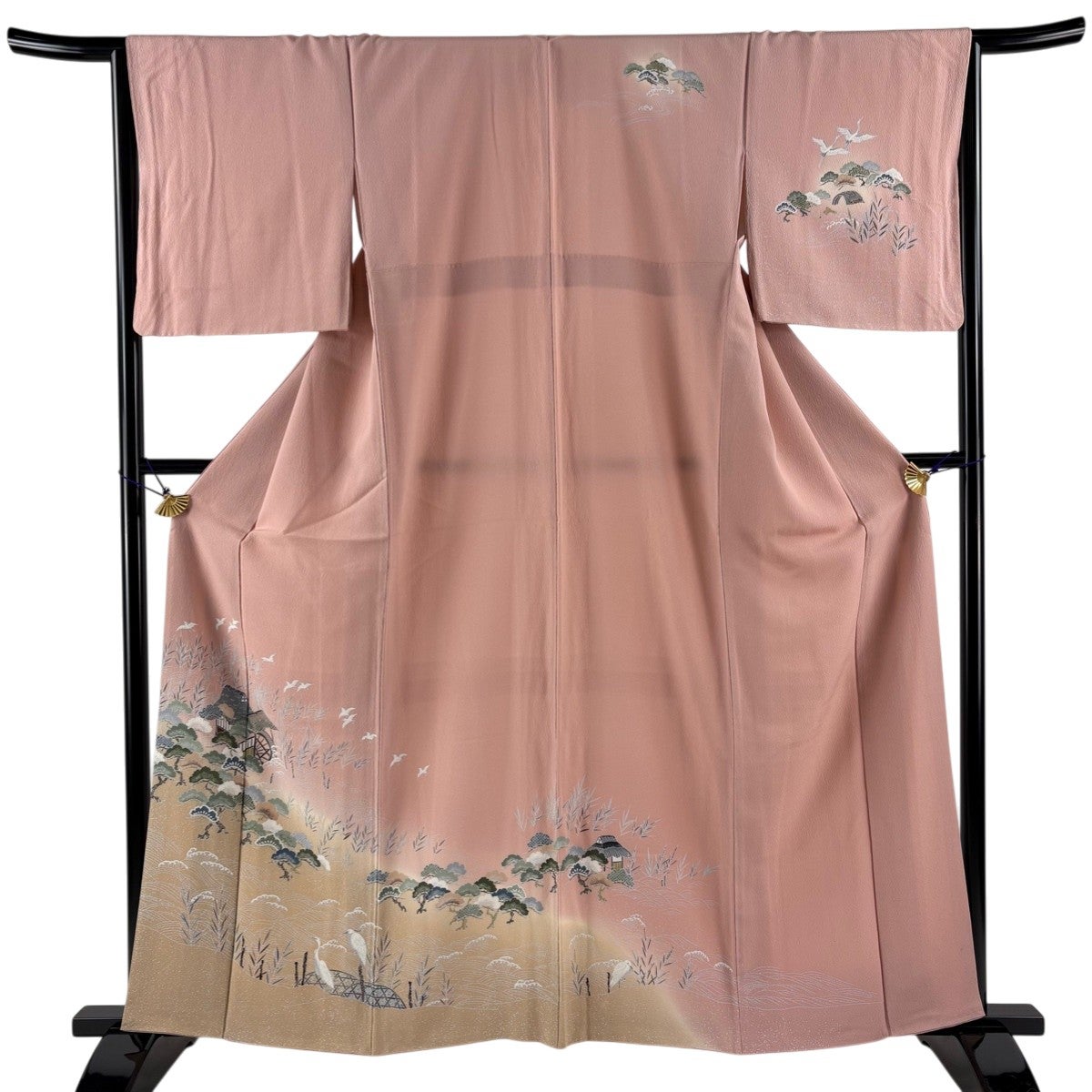美品】 訪問着 身丈161cm 裄丈63cm S 袷 鈴乃屋 葉柄 波 金銀彩 灰緑