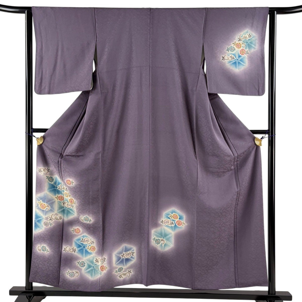 付下げ 身丈157.5cm 裄丈63cm S 単衣 紬地 草花 灰緑 正絹 秀品｜中古