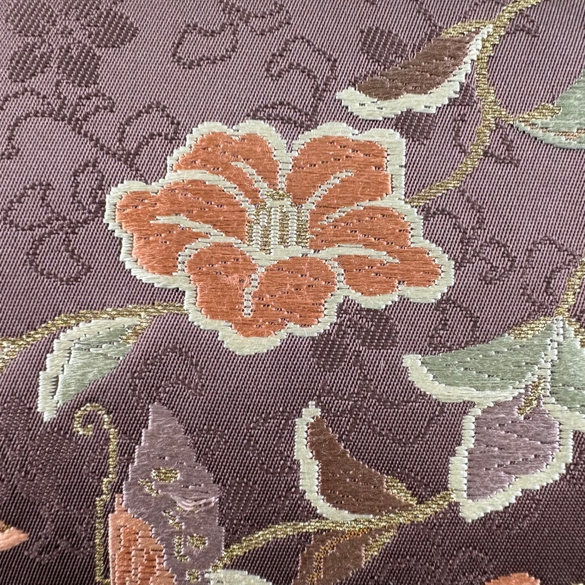 名古屋帯 秀品 関西仕立て 草花 蝶 金糸 唐織 小豆色 正絹｜中古・古着