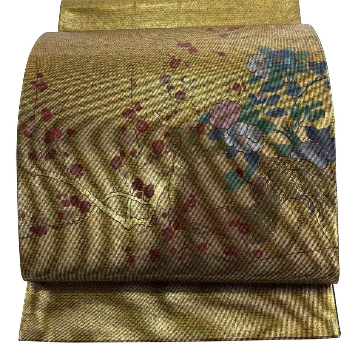 袋帯 秀品 扇面 牡丹 螺鈿箔 箔 金色 お太鼓柄 正絹｜中古・古着