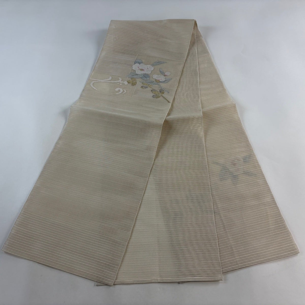名古屋帯 秀品 八寸名古屋帯 夏帯 絽 草花 金銀糸 クリーム 正絹｜中古