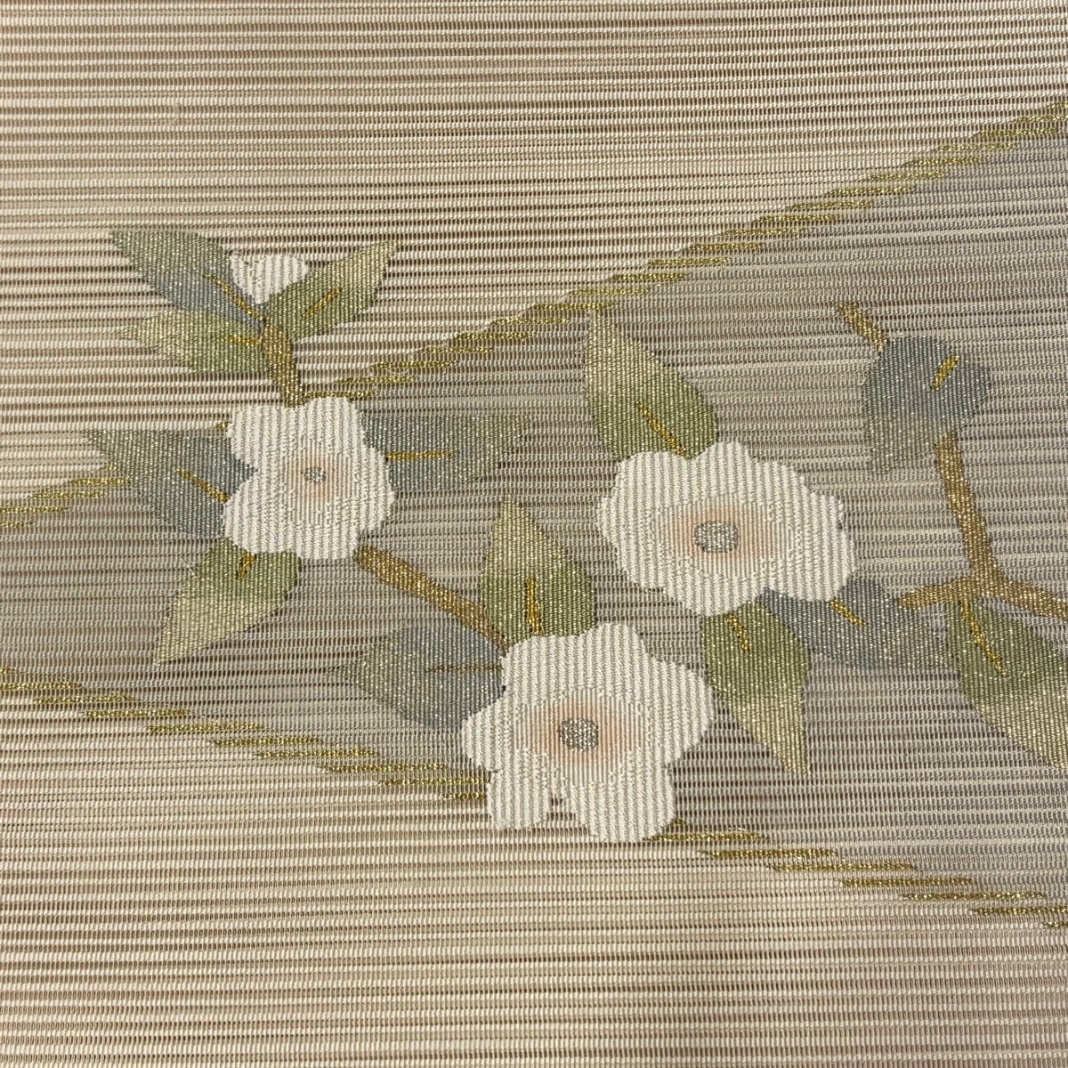 美品】 名古屋帯 秀品 八寸名古屋帯 夏帯 絽 枝花 金銀糸 クリーム