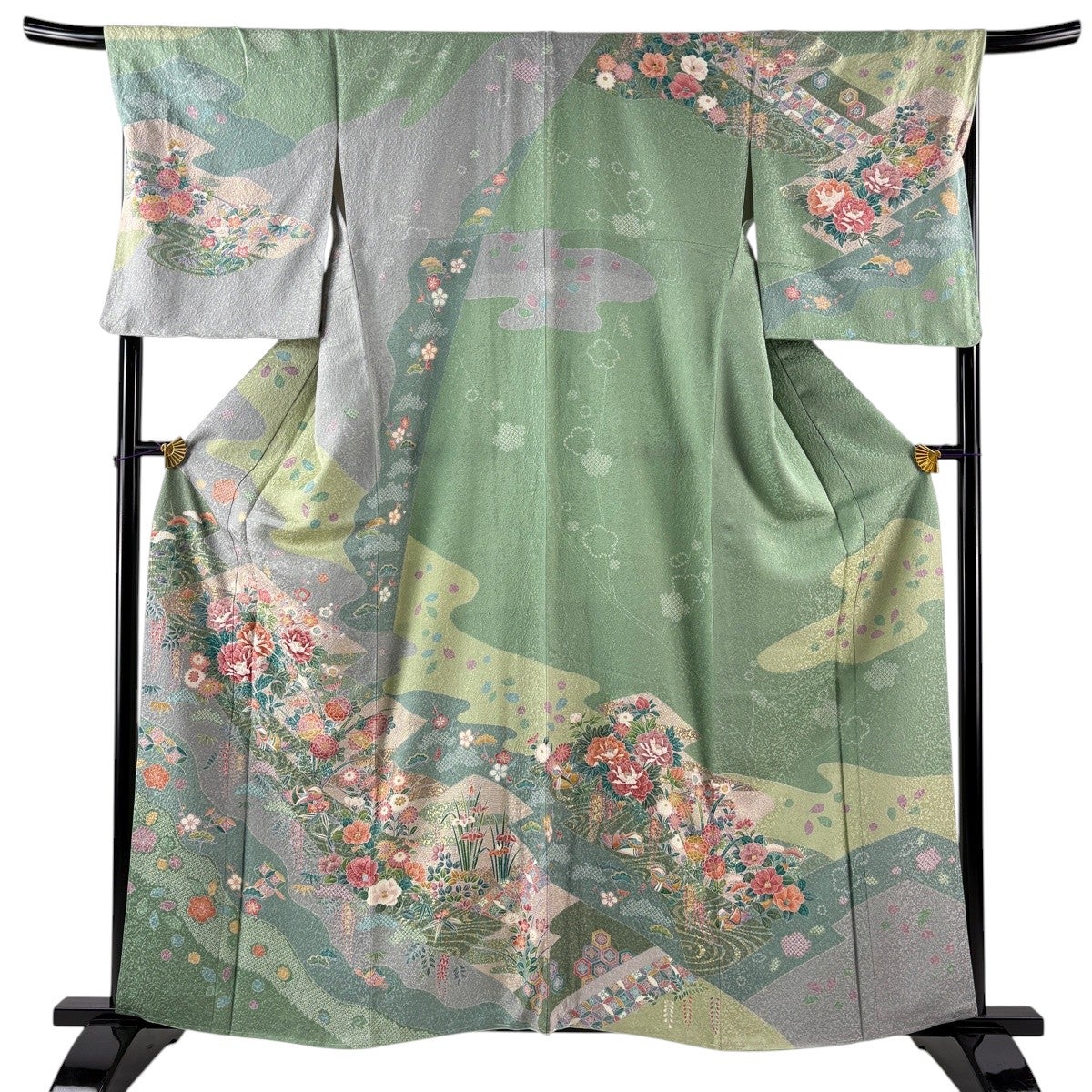 訪問着 身丈160cm 裄丈68.5cm L 袷 松竹梅 花鳥 金彩 染め分け 薄緑