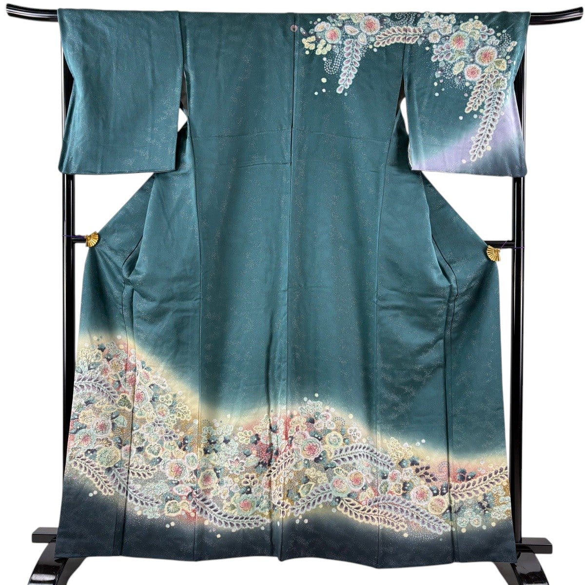 美品】 訪問着 身丈162cm 裄丈67cm M 袷 辻が花 銀通し ぼかし 深緑