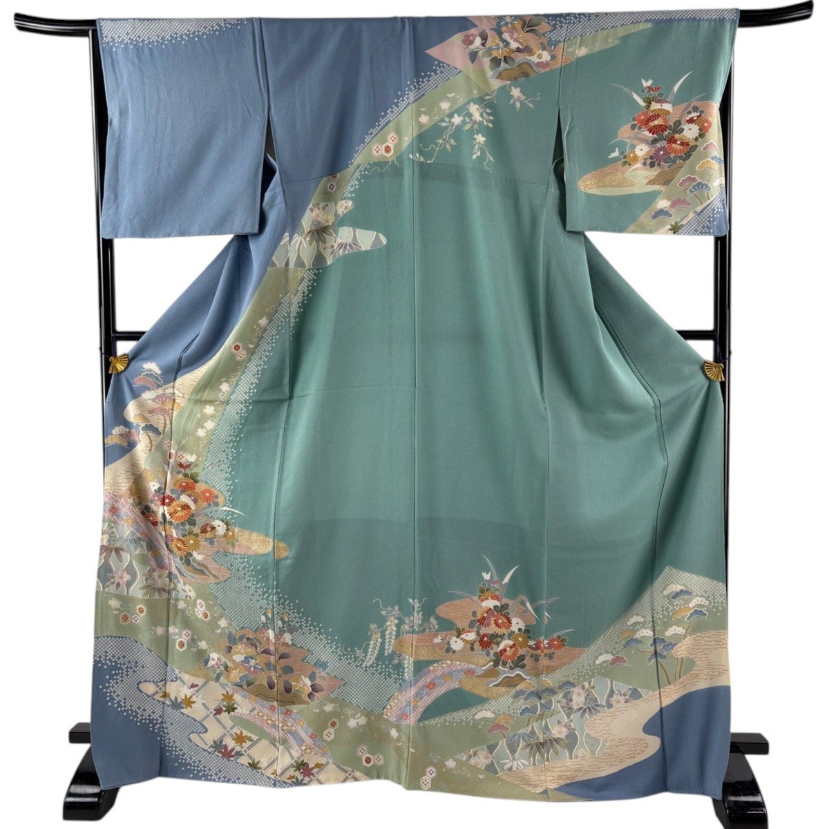 訪問着 身丈169cm 裄丈67cm M 袷 草花 霞 金糸 金彩 青灰色 正絹 名品