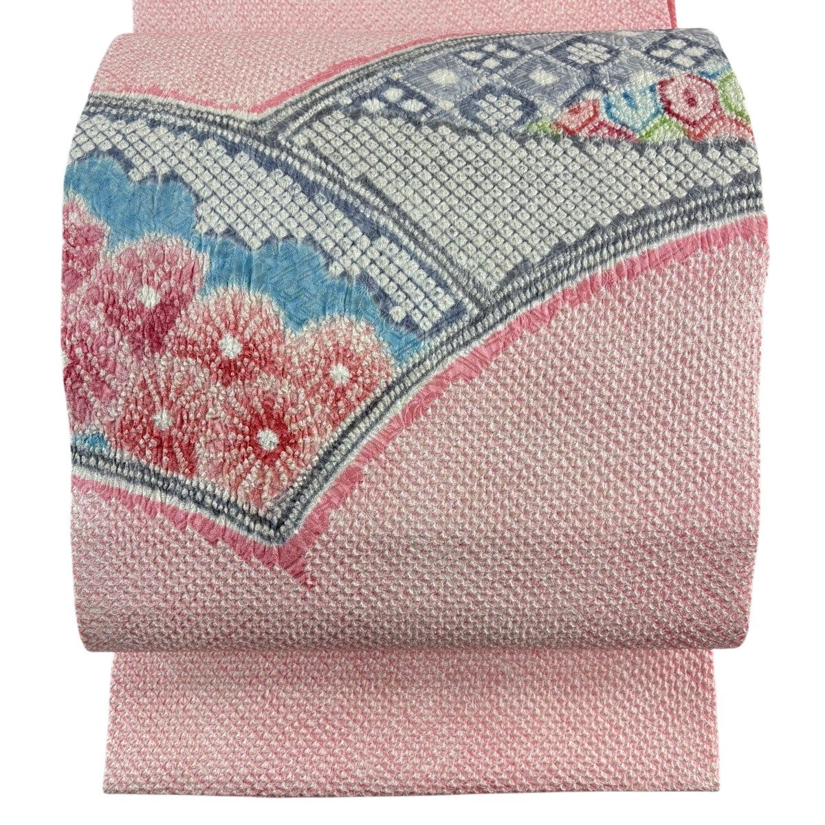 名古屋帯 秀品 松葉仕立て 菊 菱 絞り ピンク 正絹｜中古・古着