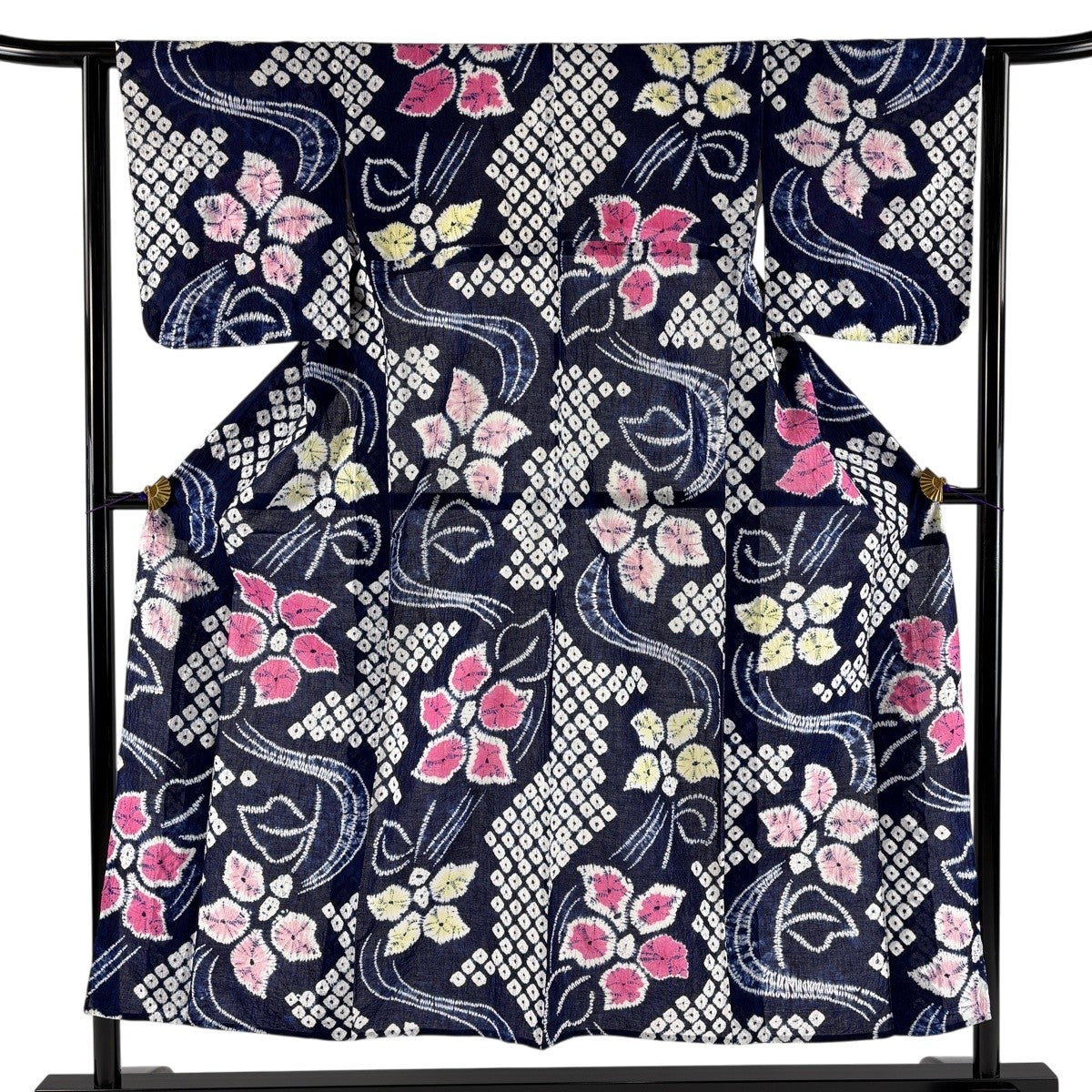 美品】 浴衣 身丈152cm 裄丈61cm S 絞り浴衣 花 紺色 綿 名品｜中古