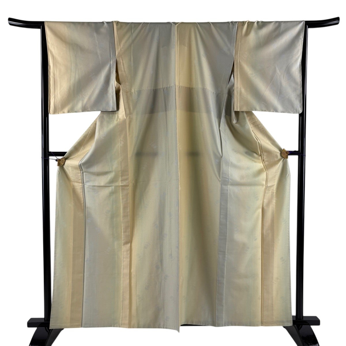 美品】 お召 身丈161cm 裄丈66cm M 単衣 草花 縞 灰緑 正絹 名品｜中古