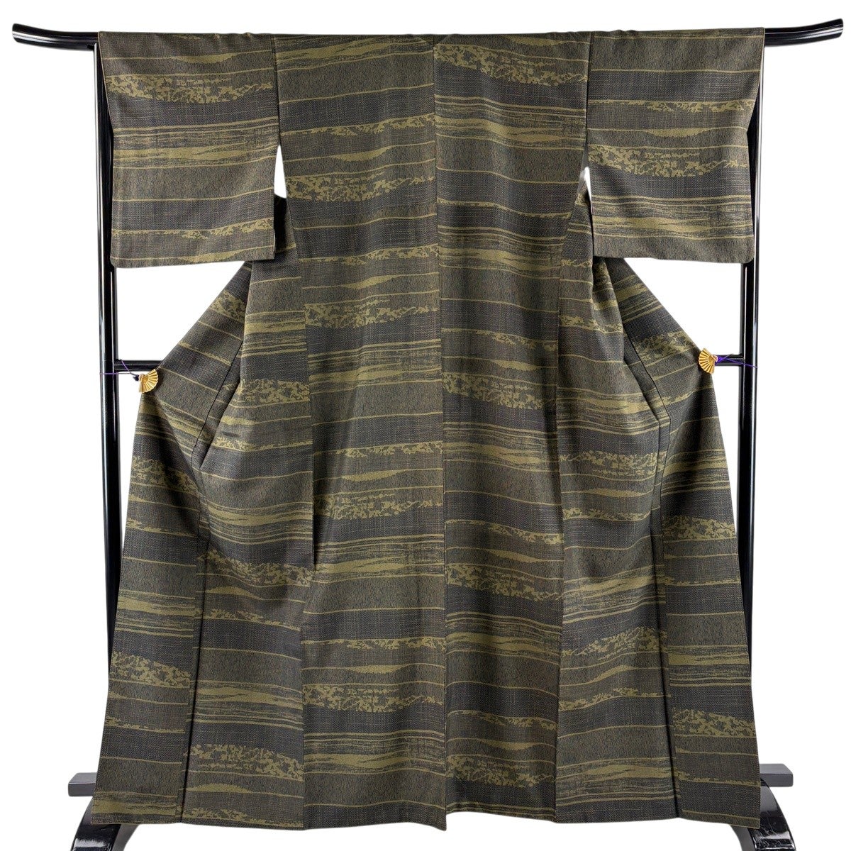 美品】 小紋 身丈165.5cm 裄丈66cm M 袷 紬地 幾何学 縞 茶緑色 正絹