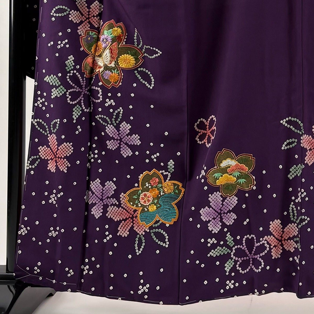 振袖 身丈161cm 裄丈68cm L 袷 桜 蝶 刺繍 金糸 濃紫 正絹 名品 三つ紋