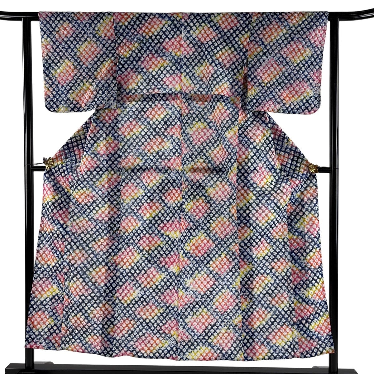 浴衣 身丈152.5cm 裄丈61cm S 絞り浴衣 幾何学 紺色 綿 名品｜中古