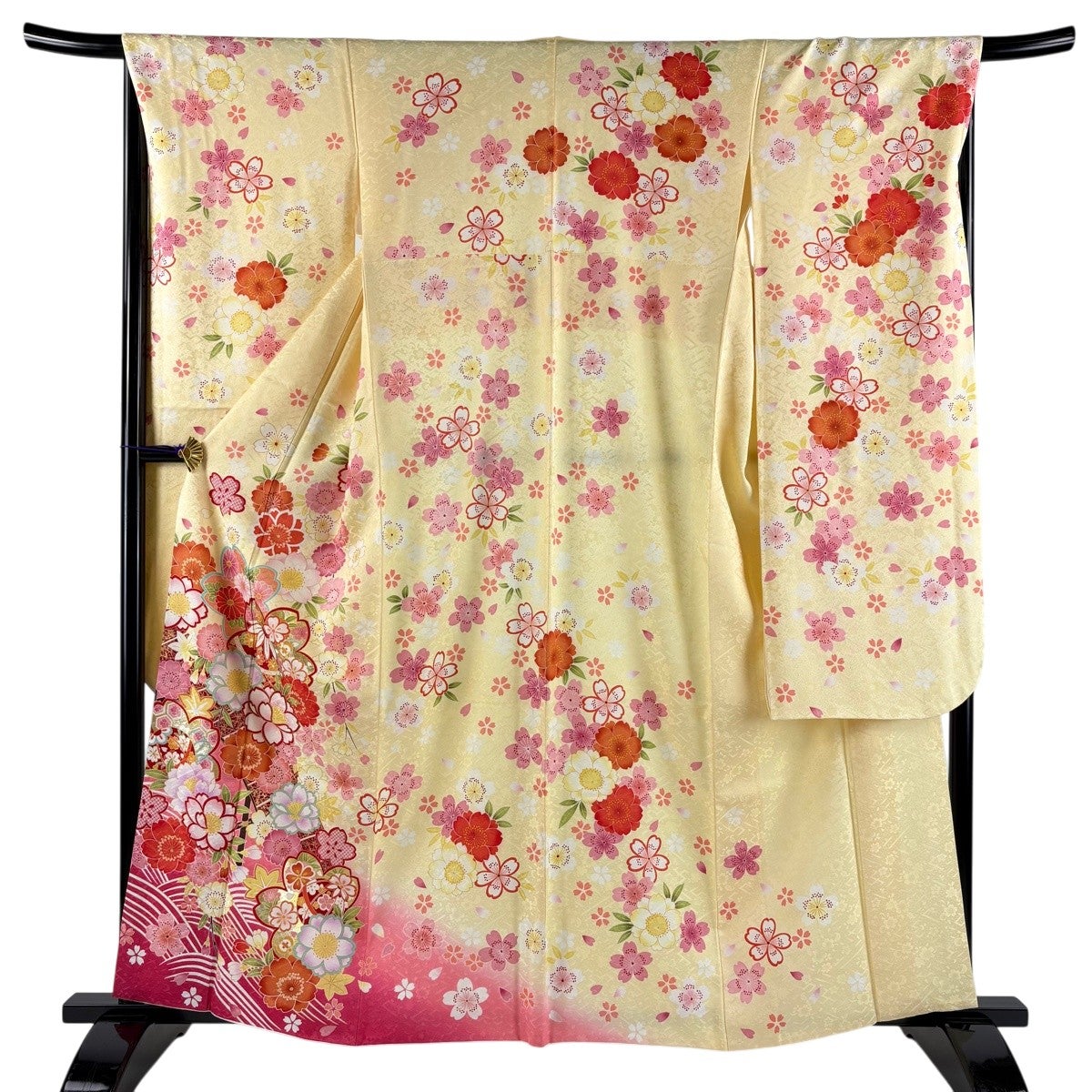 ち★美品★ 振袖&長襦袢セット　正絹　織柄無地　花紋刺繍　身丈162センチ 美品】 振袖 身丈162cm 裄丈66.5cm M 袷 手鞠 桜 金彩 ぼかし 薄黄