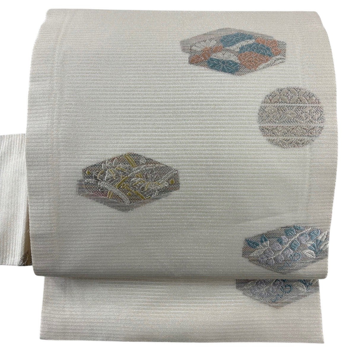 名古屋帯 秀品 夏帯 絽 文箱 草花 銀糸 灰白 正絹｜中古・古着