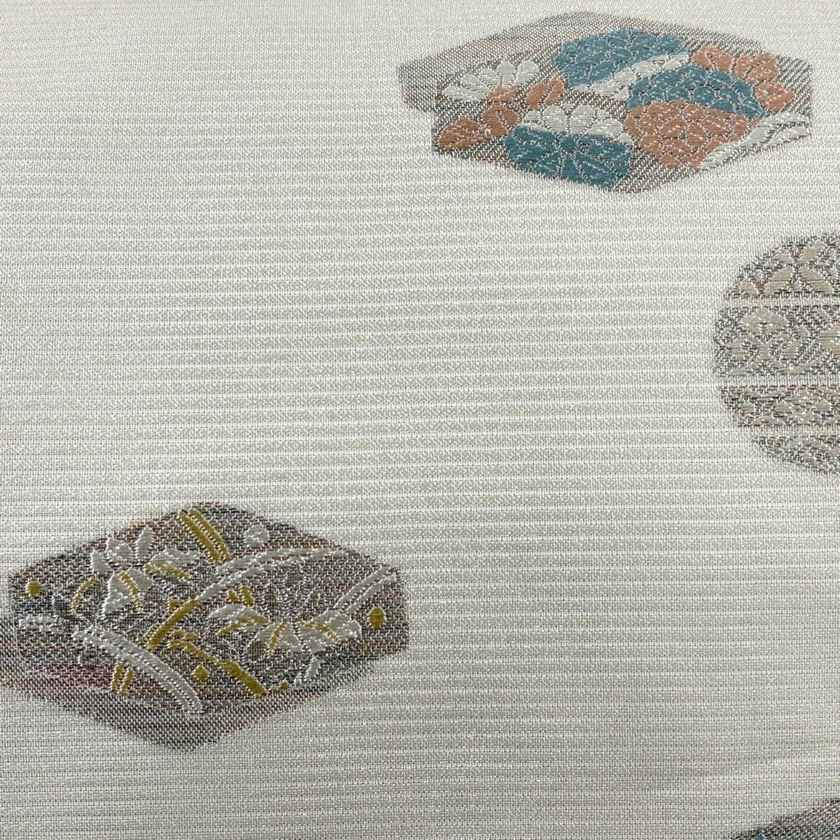 名古屋帯 秀品 夏帯 絽 文箱 草花 銀糸 灰白 正絹｜中古・古着
