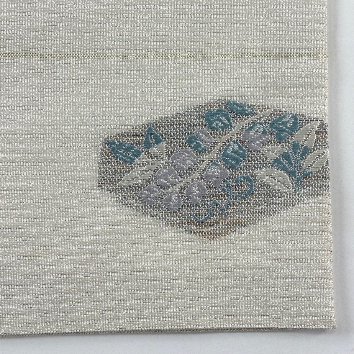 名古屋帯 秀品 夏帯 絽 文箱 草花 銀糸 灰白 正絹｜中古・古着