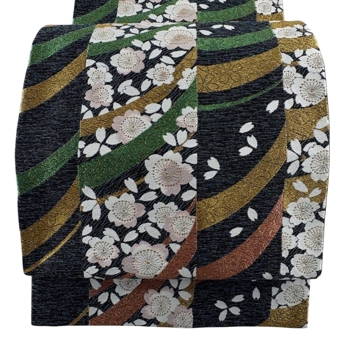 美品】 袋帯 秀品 桜 花びら 金糸 ラメ糸 墨色 六通 正絹｜中古・古着