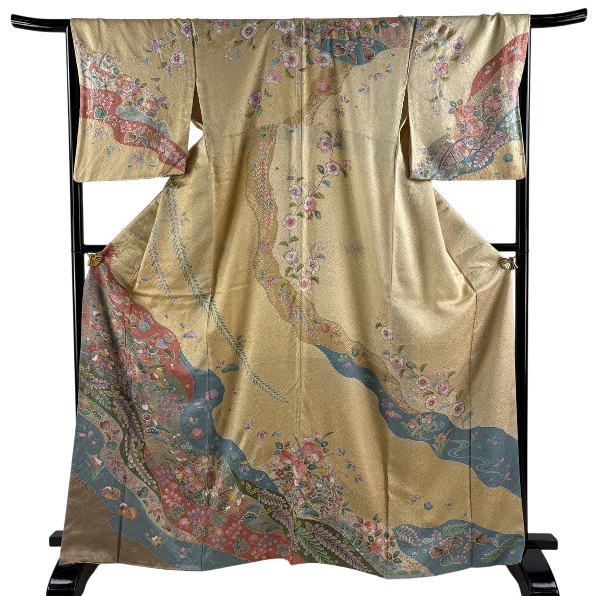 しつけ付き　着物　正絹　袷　現代　紬　154裄63 鳥獣戯画　茶色　ベージュ 訪問着 身丈167.5cm 裄丈68cm L 袷 辻が花柄 鴛鴦 金彩 ベージュ 正絹