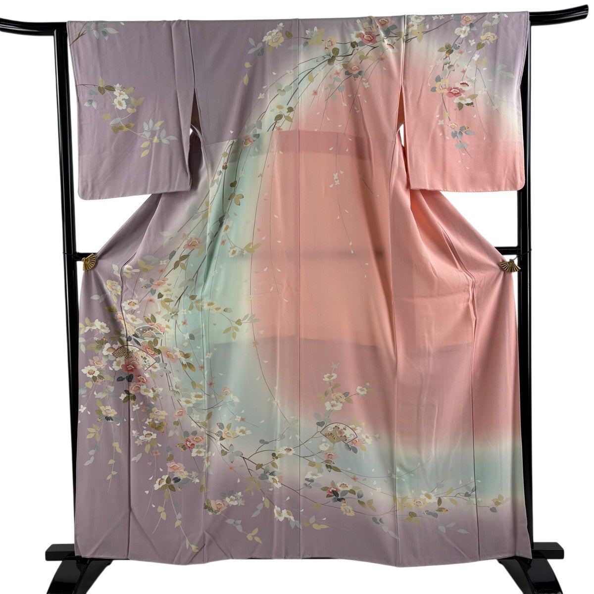 訪問着 身丈159cm 裄丈64cm M 袷 扇面 草花 金糸 刺繍 薄紫 正絹 名品