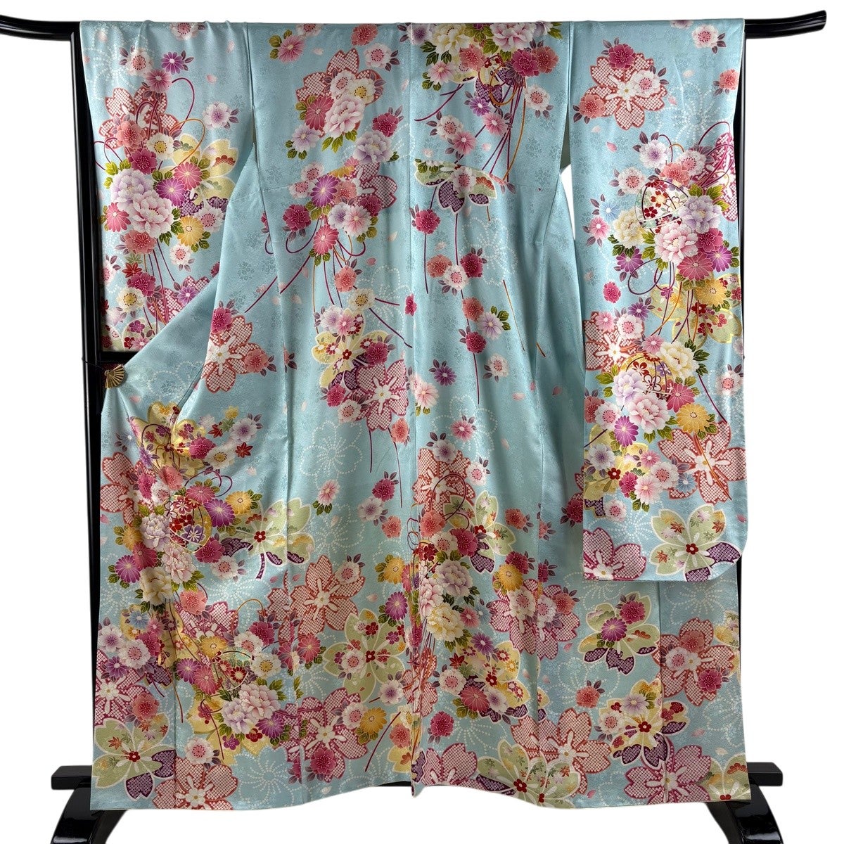 美品】 振袖 身丈163cm 裄丈67.5cm L 袷 牡丹 手鞠 金糸 金彩 水色