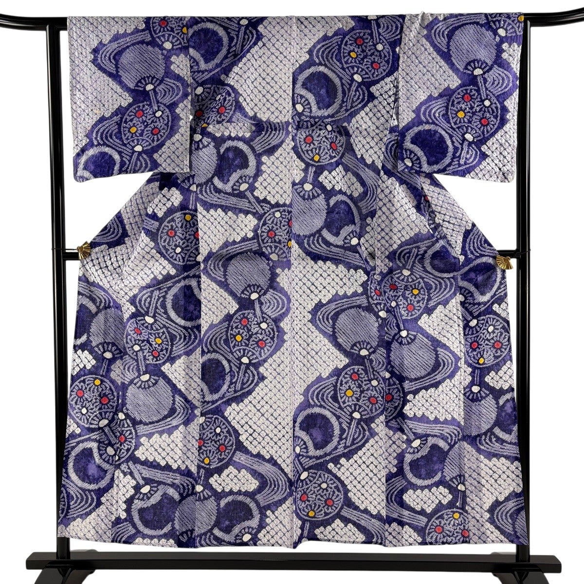 浴衣 身丈154cm 裄丈63.5cm S 絞り浴衣 うちわ 菊 紫 綿 名品｜中古