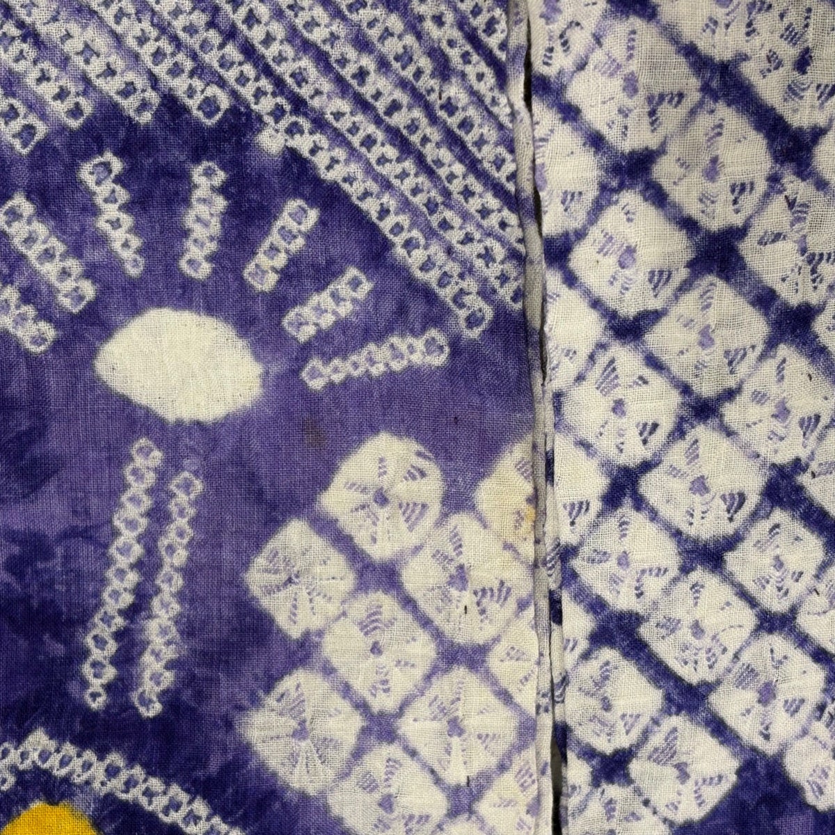 浴衣 身丈154cm 裄丈63.5cm S 絞り浴衣 うちわ 菊 紫 綿 名品｜中古