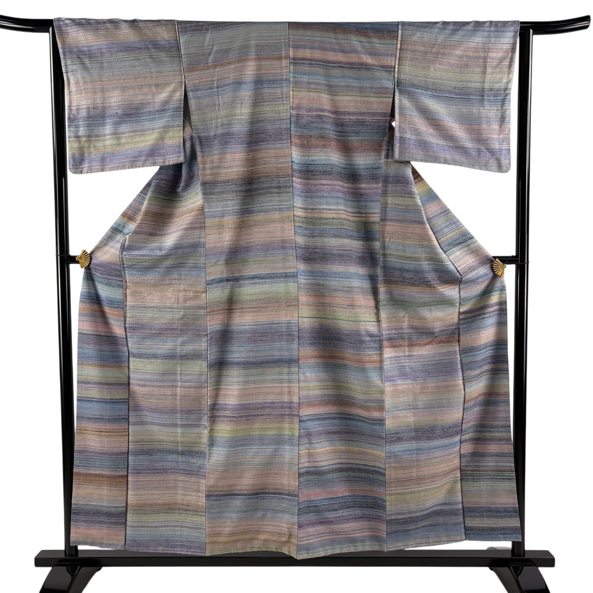 美品】 紬 身丈156.5cm 裄丈63.5cm S 袷 縞 青灰色 正絹 名品｜中古