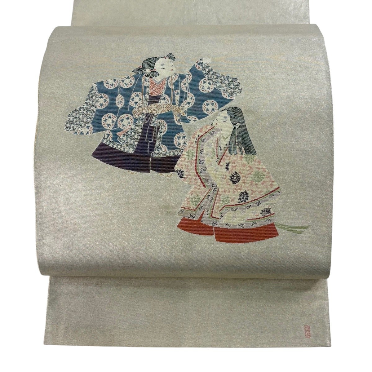 袋帯 名品 由水十久 落款 人物 楽器 箔 金色 お太鼓柄 正絹 【中古