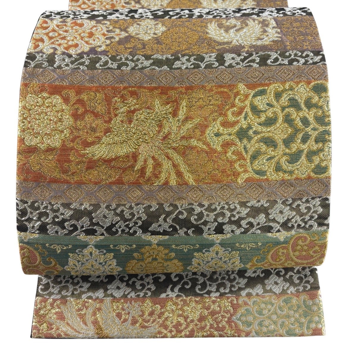 美品】 袋帯 名品 落款あり 鳥 草花 金糸 箔 灰白 六通 正絹｜中古