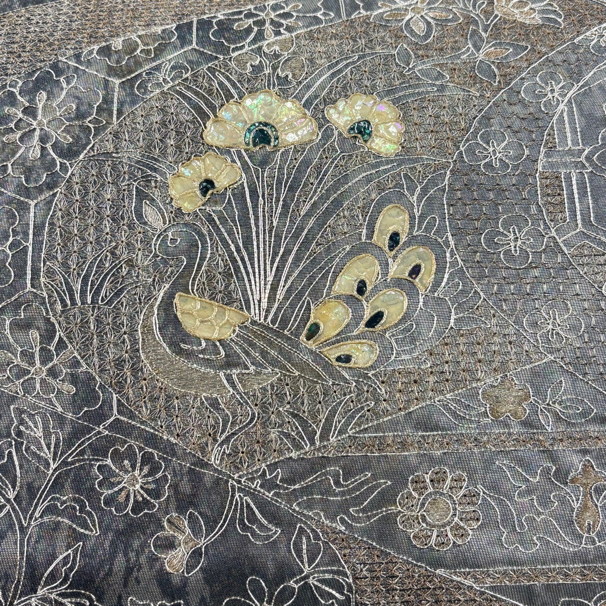 袋帯 秀品 中古 銀通し 紺色 y168 袋帯 秀品 雪輪 牡丹 刺繍 銀彩
