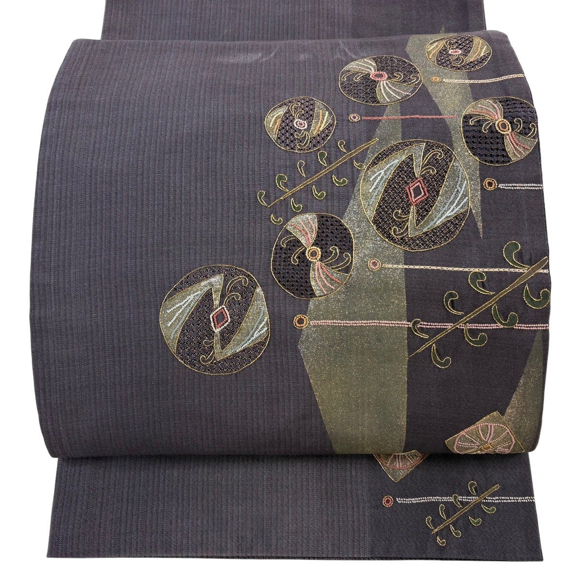袋帯 秀品 やまと 幾何学 刺繍 金糸 紫 お太鼓柄 正絹｜中古・古着